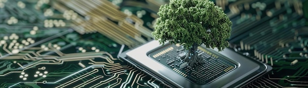 Photo illustration of a tree symbol with life text integrated into an electronic mainboard design with ai symbol highlighting ais role in environmental sustainability