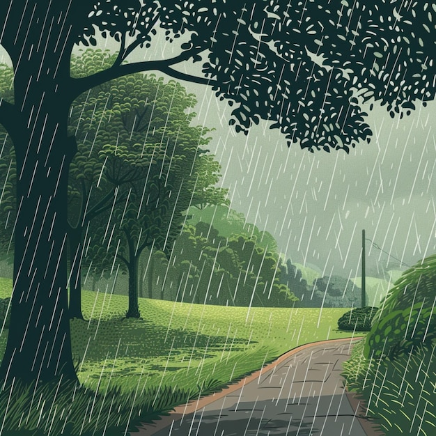 Photo illustration of trees in the rain capturing the mood of a rainy day