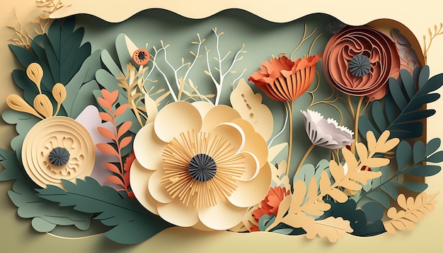 Illustration of Tropical flowers theme in paper cut Generative AI