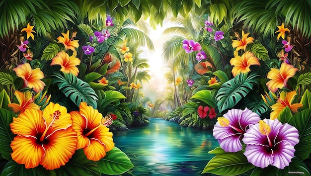 Photo illustration of a tropical forest with colorful flowers jungle backgroundillustration of a tropical forest with colorful flowers jungle background