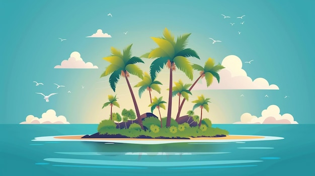 Photo illustration of a tropical island with palm trees and rocks generative ai