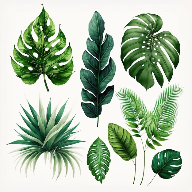 illustration of tropical leaves and Monstera on a white background Generative AI