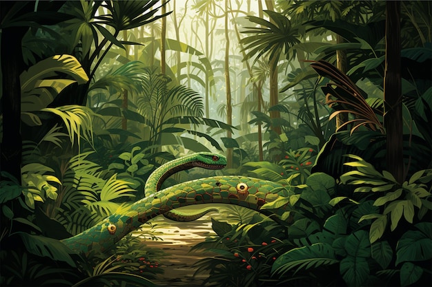 Illustration of a tropical rainforest with green snake