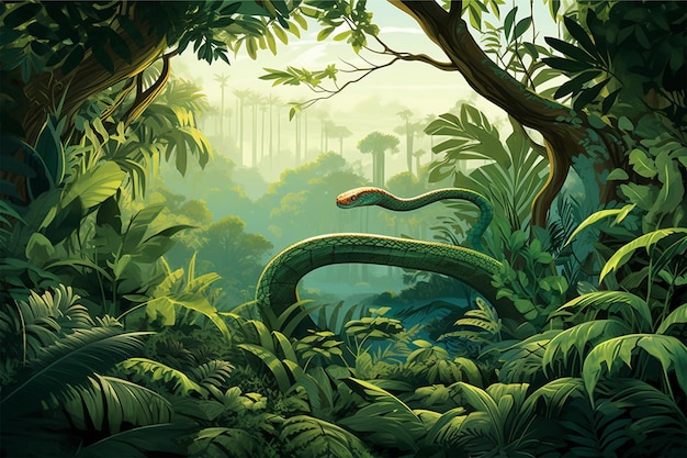 Illustration of a tropical rainforest with green snake