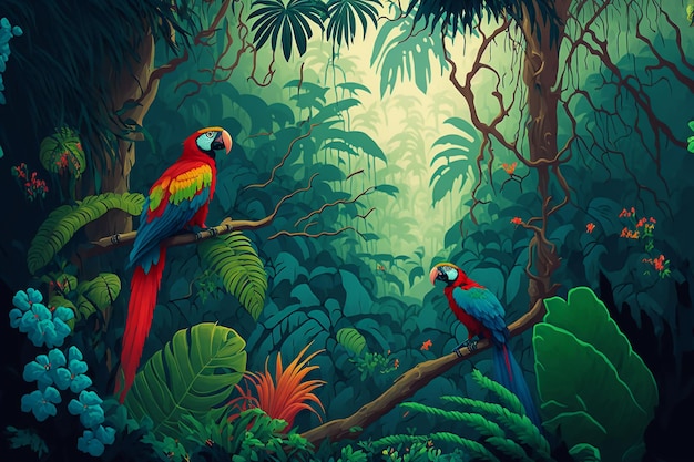 Illustration of a tropical rainforest with parrots