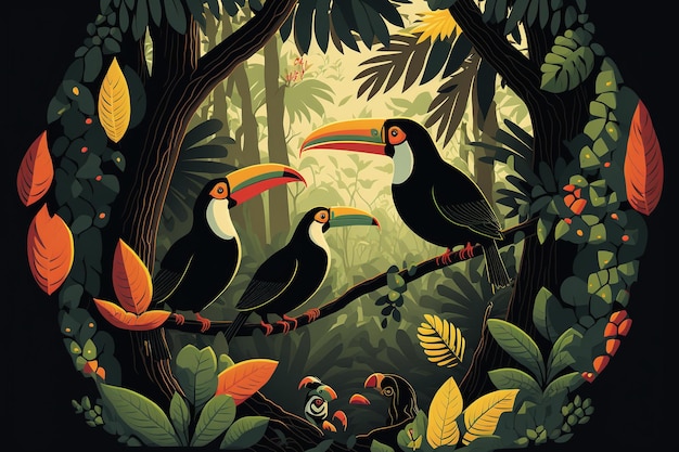 Illustration of a tropical rainforest with toucans