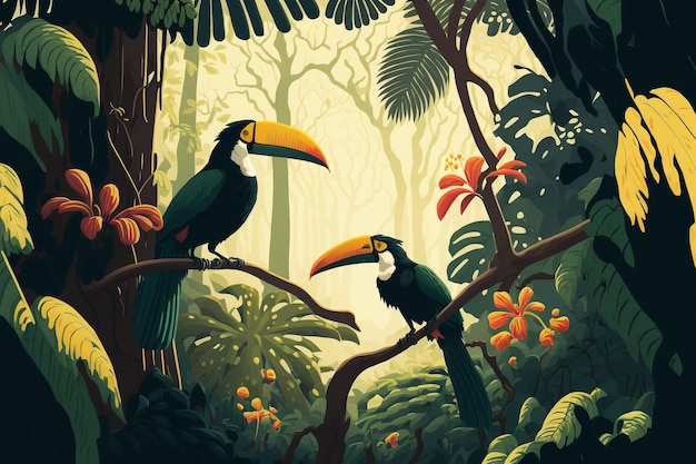 Illustration of a tropical rainforest with toucans