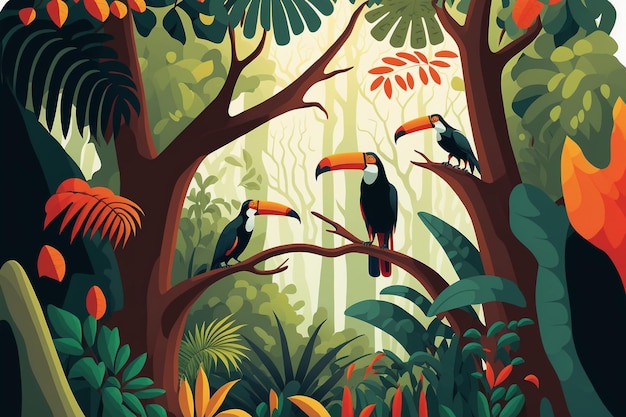 Illustration of a tropical rainforest with toucans