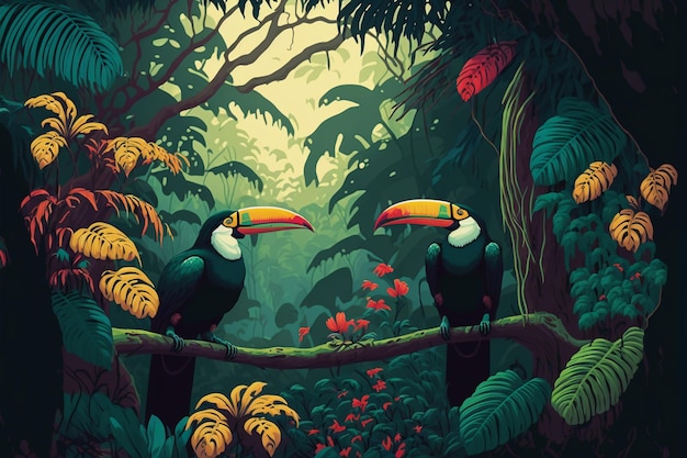 Illustration of a tropical rainforest with toucans