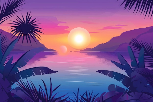 illustration of a tropical sunset over the sea with mountains and vibrant foliage Generative ai