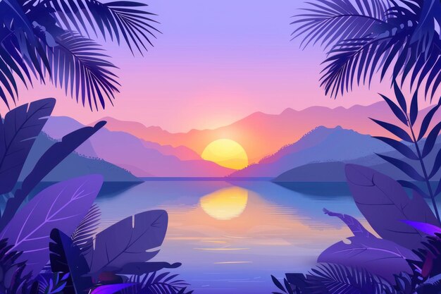 illustration of a tropical sunset over the sea with mountains and vibrant foliage Generative ai