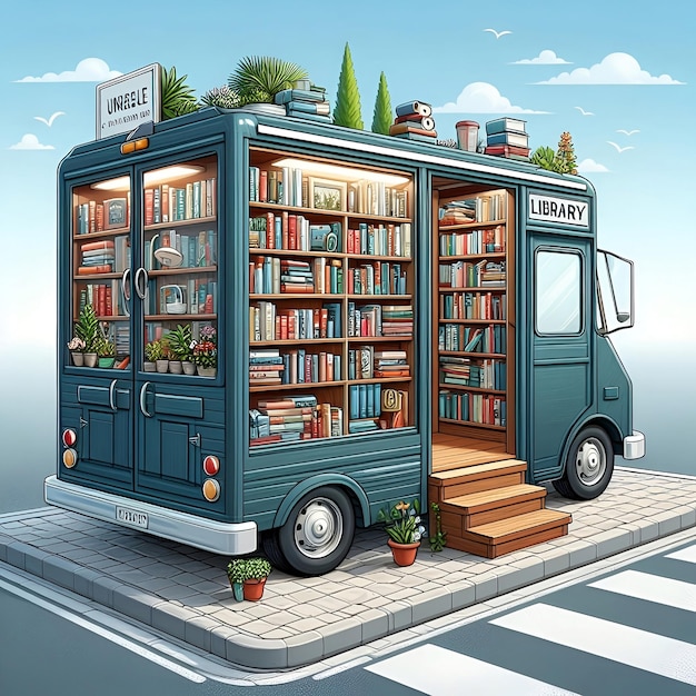 illustration of a truck overflowing with books and a few houseplants represent the mobile library