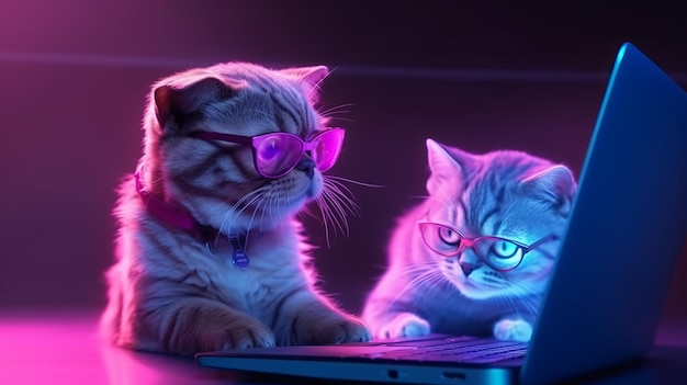 Illustration of two cats wearing glasses sitting in front of a laptop