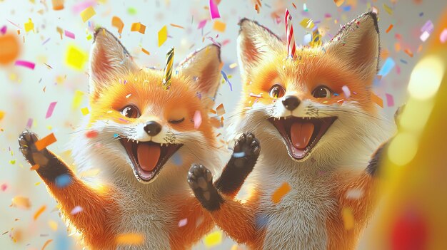 Photo illustration of two foxes celebrating birthday or new year