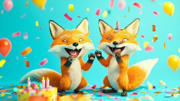 Illustration of Two Foxes Celebrating Birthday or New Year