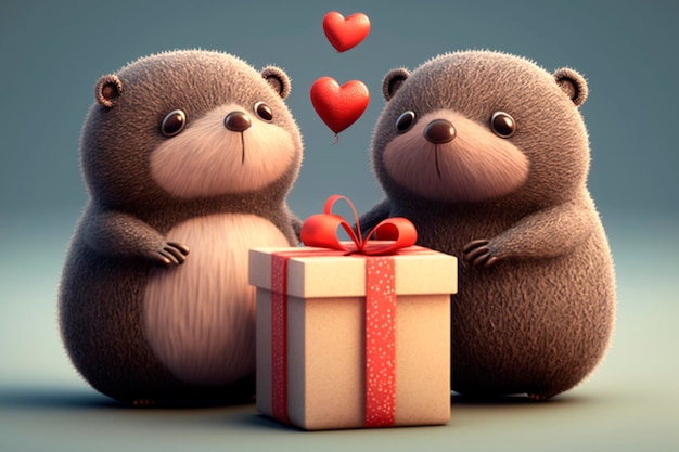 Illustration two funny moles with hearts and gifts Valentine's Day Wedding Anniversary Mother's Day