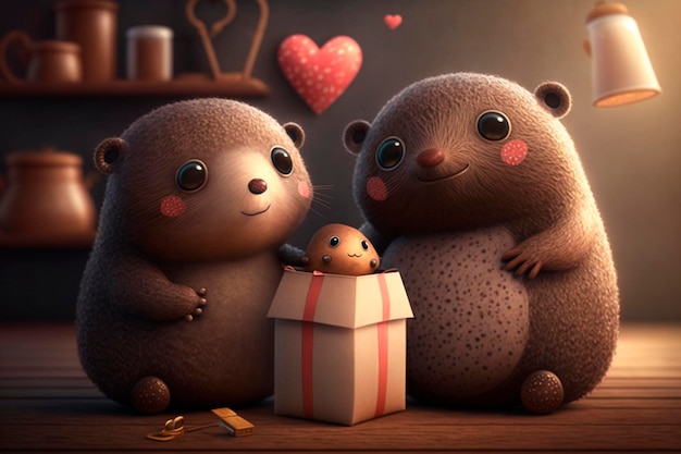 Illustration two funny moles with hearts and gifts Valentine's Day Wedding Anniversary Mother's Day