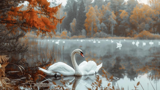 Illustration Two graceful swans swim close together forming a heart in calm waters AI generated