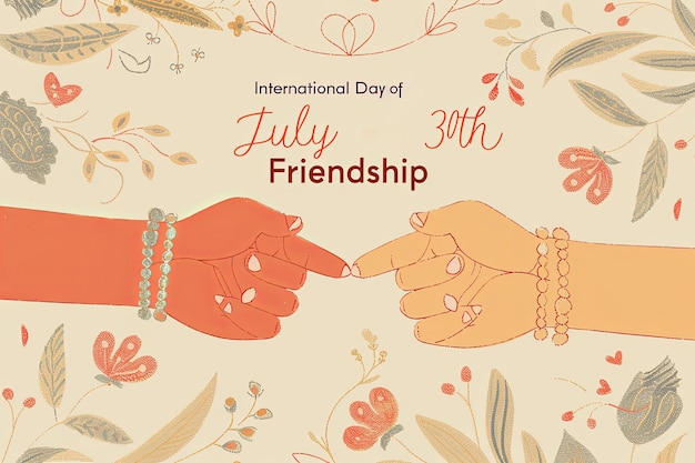 An illustration of two hands holding each other with International Day of Friendship featuring hearts and bracelet designs The background is a light beige with soft floral patterns