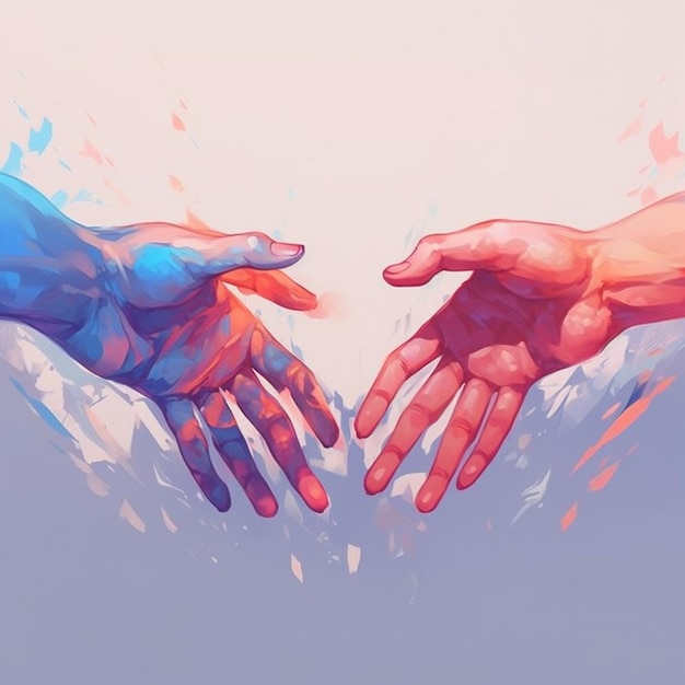 Illustration of two hands reaching each other with a blue sky background generative ai