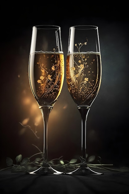 Illustration of two high glasses of champagne on dark background Holiday banner with sparkling wine