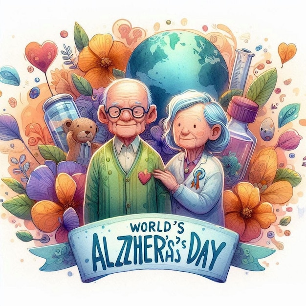 Photo an illustration of two old men and the worlds day is written on a poster