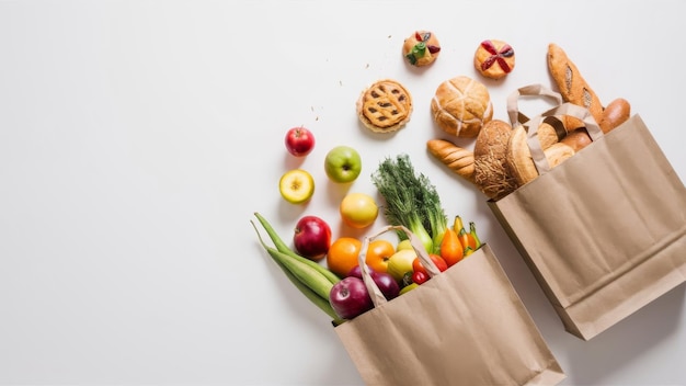 Illustration of two paper grocery bags with different food items inside white background