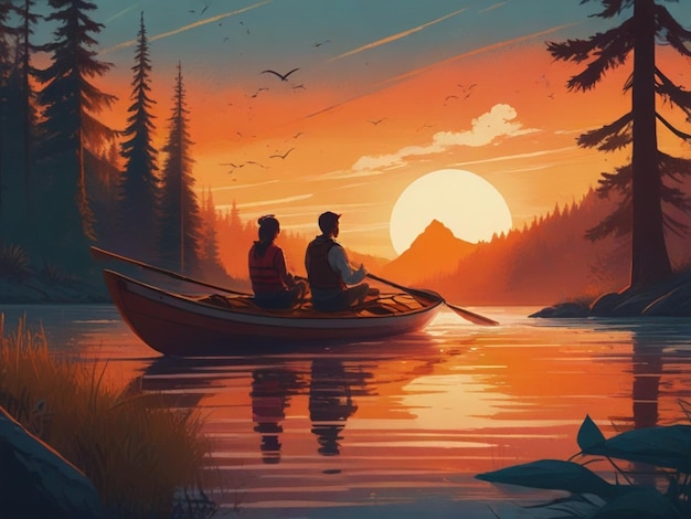 Illustration of two people in a boat with a sunset in the lake