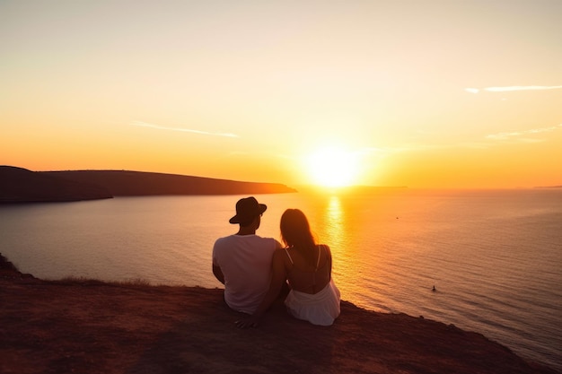 Illustration of two people enjoying the view while sitting on a hilltop Generative AI