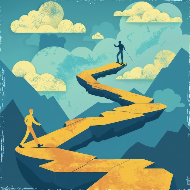 Photo illustration of two people on separate paths a conceptual artwork representing a journey with two individuals on winding split paths against a backdrop of clouds and mountains