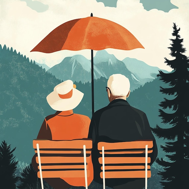 Photo an illustration of two people sitting on a bench under an umbrella