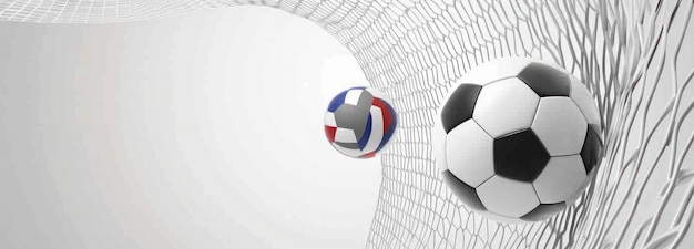 Photo illustration of two soccer balls in front of a goal net symbolizing sports and competition generative ai