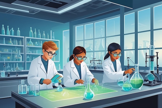 Illustration of two students working in a science lab