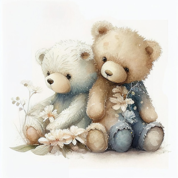 Illustration two teddy bear sitting together in flower garden Created with Generative AI technology