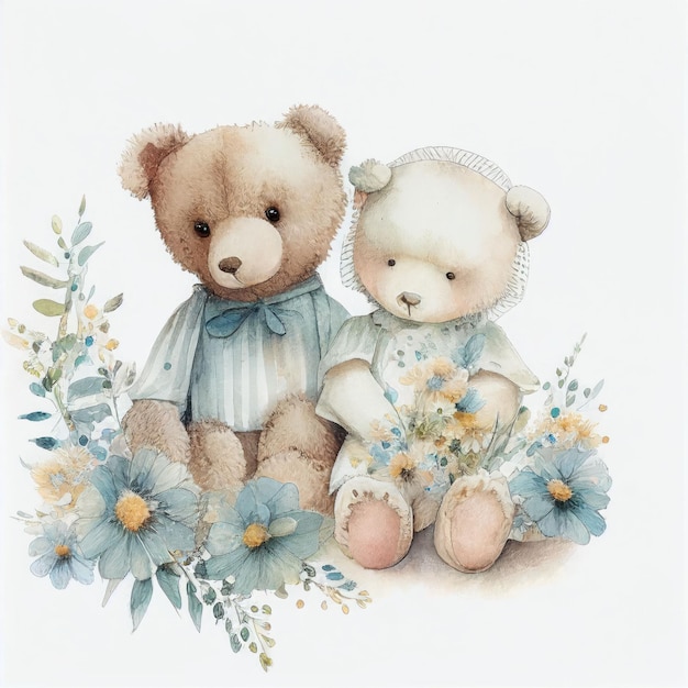 Illustration two teddy bear sitting together in flower garden Created with Generative AI technology