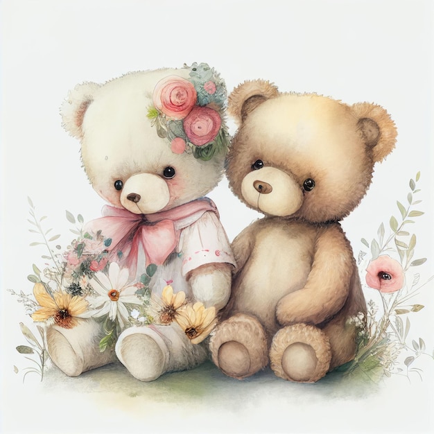 Illustration two teddy bear sitting together in flower garden Created with Generative AI technology