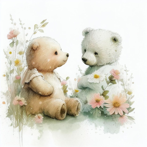 Illustration two teddy bear sitting together in flower garden Created with Generative AI technology