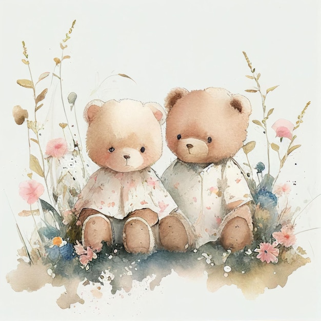 Illustration two teddy bear sitting together in flower garden Created with Generative AI technology