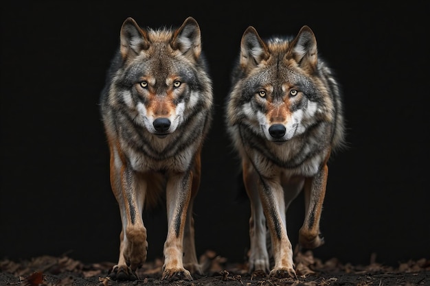 Illustration of two wolves walking in the park on black background