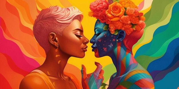 Illustration of two women kissing LGBT pride concept