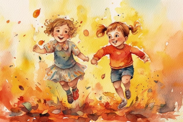 Illustration of two young girls joyfully playing in a colorful autumn leaf field created with Generative AI technology