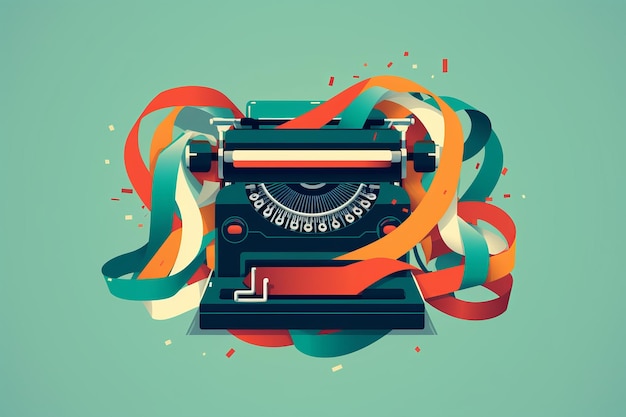 An illustration of a typewriter with ribbons around it.