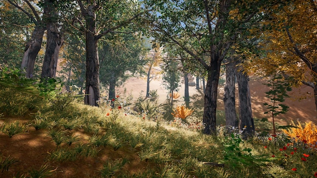 Illustration of an undergrowth with a biome rich in vegetation on a hill with red ground 3d rendering