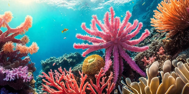 Illustration of underwater world with colorful tropical corals and sunlight streaming through the sea water Beauty of the coral reef Generative AI