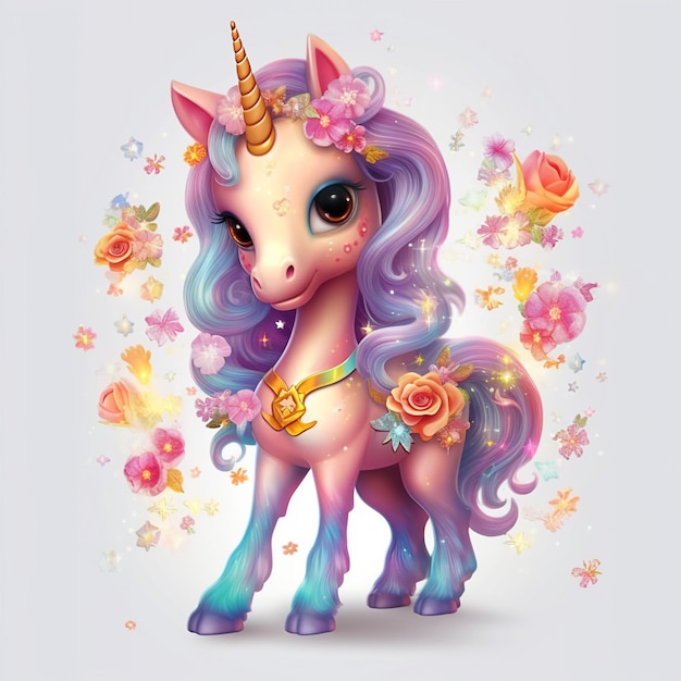 Illustration unicorn cartoon with flower on white background Generative Ai