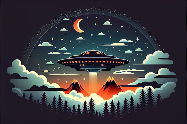 Illustration of Unidentified flying object in sky at the night AI cartoon style