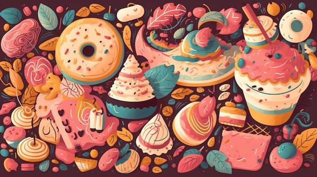 An illustration of a variety of sweets including donuts, ice cream, and a cup of coffee.