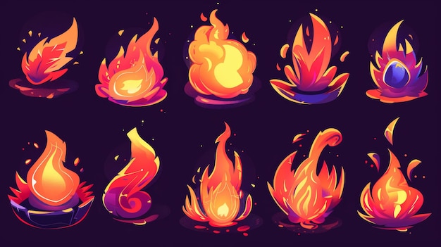 Photo an illustration of various fires in cartoon style showing red and orange flames danger situation and problem concept