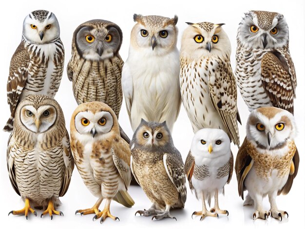 Photo illustration of various owl species in realistic and detailed style