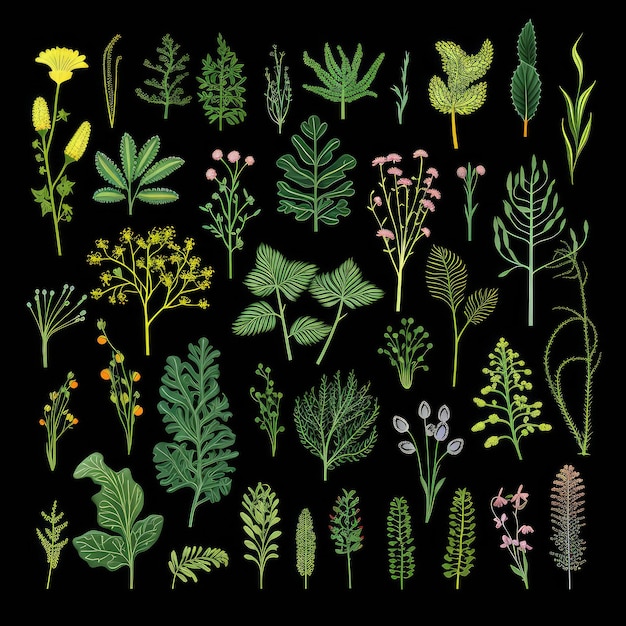 Photo illustration of various plants on a black background